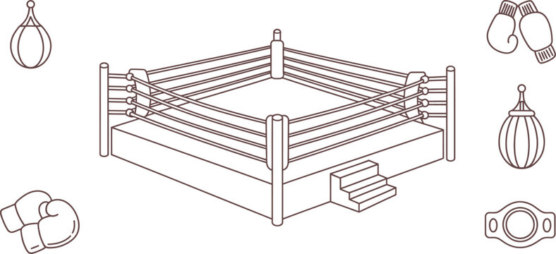 Boxing ring, boxing equipment, sports illustration, vector icons