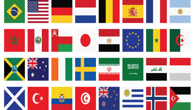 World flags collection displaying colorful national symbols arranged in grid patterns representing various countries isolated on solid white background for design.