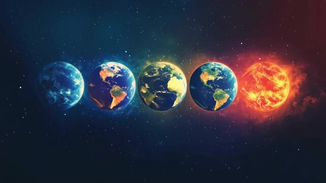 Sequence of Earth phases changing into a fiery planet in space, planet evolution, climate concept, astronomy, cosmic transformation.