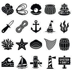 Fototapeta premium Marine and oyster icons set with nautical elements seaweed anchor sailboat and lighthouse