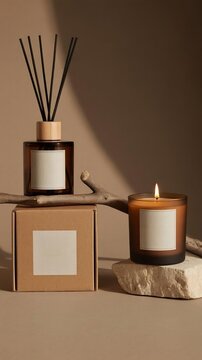 Minimalist home fragrance mockup set with reed diffuser and scented candle