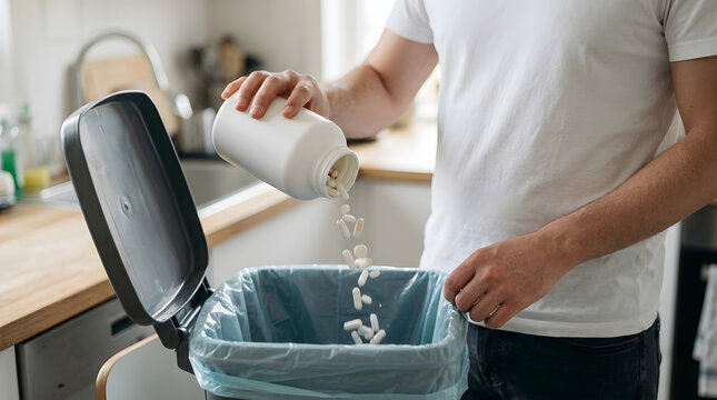 Person throwing away medication pills into trash bin - generated-AI
