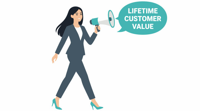 Businesswoman holding megaphone with lifetime customer value text.