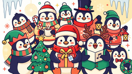Fototapeta premium Cute Penguin Cartoon Characters Celebrating Christmas Holidays with Festive Outfits, Presents, Christmas Tree, and Carols, Joyful Winter Scene with Icicles and Lights