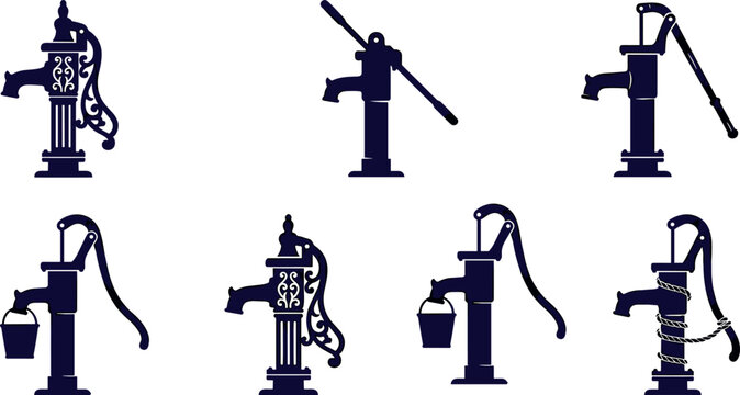 Ornamental Vintage Hand Water Pump Silhouette Icon Set with Decorative Cast Iron Well Pumps and Hanging Bucket Elements