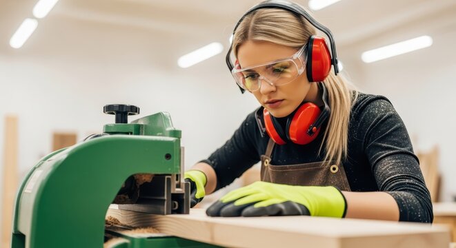 Professional Female Carpenter Using Wood Planer Machine in Modern Woodworking Workshop with Safety Gear