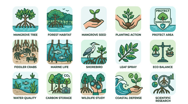 Flat lay of various eco-friendly icons on a clean white background, showcasing environmental concepts with a mix of illustrations and graphics in a colorful and informative display.