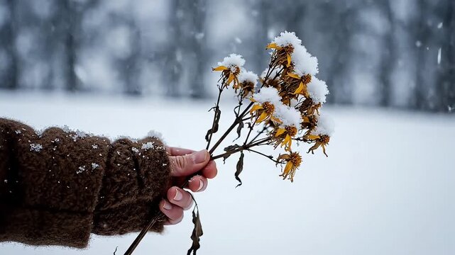 Gentle hand offers dried flowers dusted with snow amidst a winter snowfall