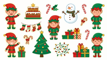 Naklejka premium Cute Cartoon Christmas Elves with Festive Decorations, Flat Vector Illustration Set including Snowman, Tree, Gifts, Stockings, Candy Canes, and Lights