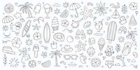 Fototapeta premium Summer themed hand drawn black line illustrations of beach objects and tropical fruits fruit art