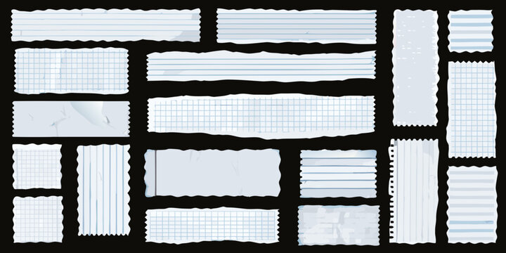 Torn notebook paper pieces with grid and lined patterns against a black background scraps ripped