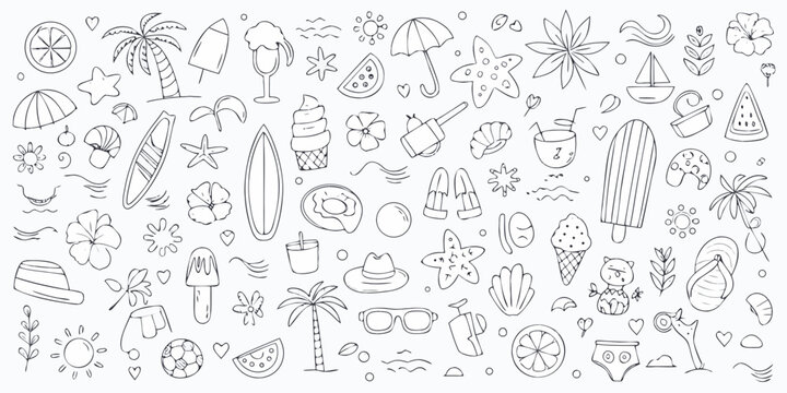 Summer themed hand drawn black line illustrations of beach objects and tropical fruits fruit art