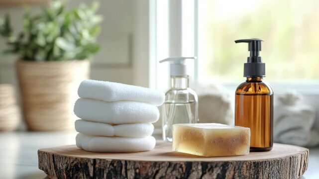 Rolled towels soap and dispenser on a wooden tray in a bright bathroom, spa wellness, self care, relaxation, clean lifestyle.