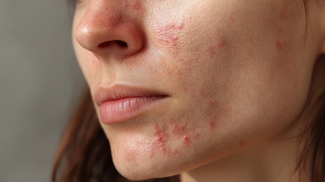 acne on woman face with rash skin, scar, and red skin syndrome allergic to cosmetics, use steroids, dermatology, inflammation, infection, hygiene