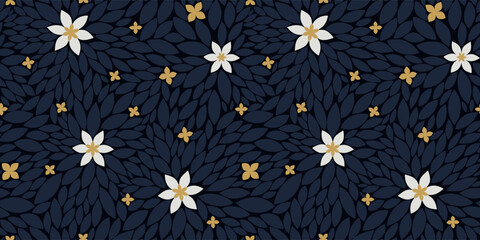 Fototapeta premium Dark botanical pattern with elegant tiny flowers and small leaves for luxury packaging, wellness design, fabric print