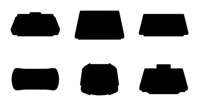 Six retro gaming console silhouettes on a grid, minimalist black shapes