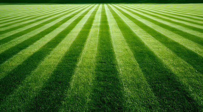 A beautifully trimmed green grass field with mower marks