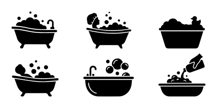 Bubble bath icons, bathtub and soap foam, hygiene and relaxation, outline and solid styles, UI and web interface design