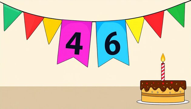 Festive Flag Garland and Cake with Number 46 for Birthday and Anniversary Party
