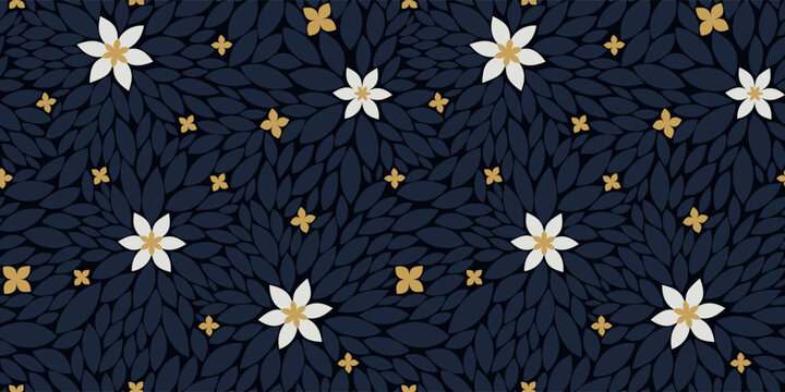 Dark  botanical pattern with elegant tiny flowers and small leaves for luxury packaging, wellness design, fabric print