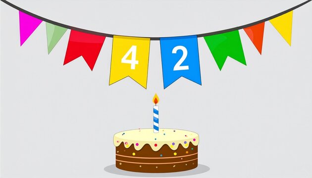 Festive Flag Garland and Cake with Number 42 for Birthday and Anniversary Party