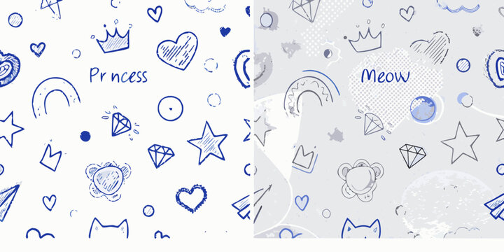 Floral ornament and whimsical doodle pattern in blue line art on a white background line art