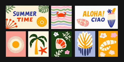 Obraz premium Tropical floral ornament collection vibrant vector illustrations with summer themed text and imagery leaves palm