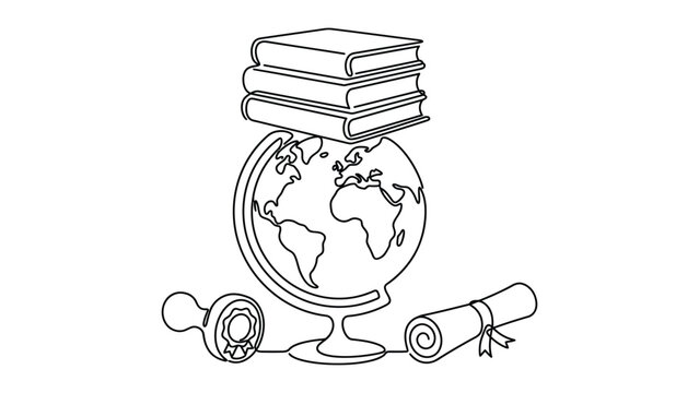 Continuous line drawing of books globe and diploma