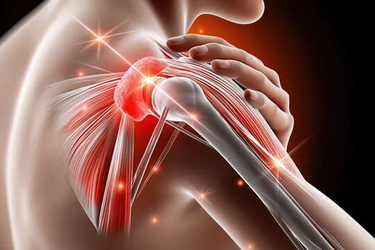 Anatomical Illustration of Shoulder Pain and Inflammation Highlighting Muscles and Bones