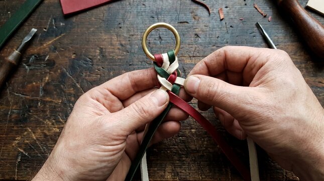 Close-up of artisan hands braiding multicolored leather strips onto a brass ring on a rustic wooden workbench