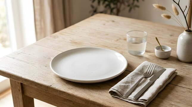Empty ceramic white plate on a rustic wooden dining table with a linen napkin and cutlery.
