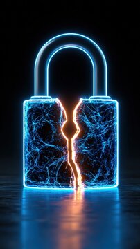 Futuristic Digital Padlock Symbol Shattered with Glowing Neon Blue Light and Orange Crack