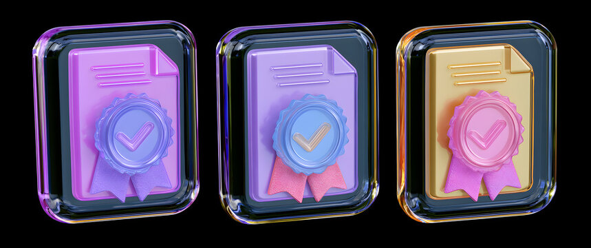 A 3D icon concept of a set of security certificate approvals with a transparent background, showing a liquid glass effect