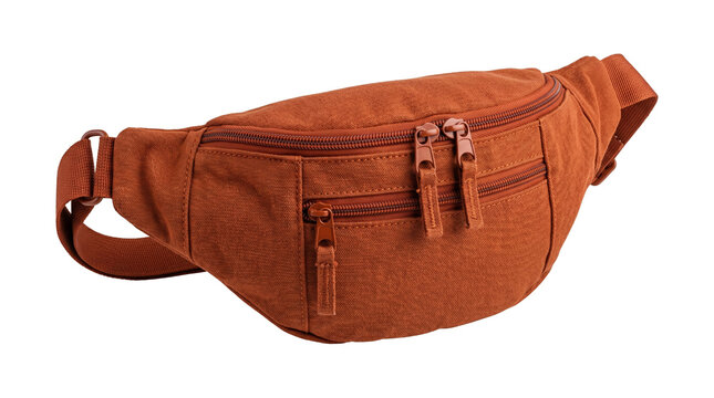 Orange fabric waist bag with zipper compartments isolated on transparent background travel accessory item.
