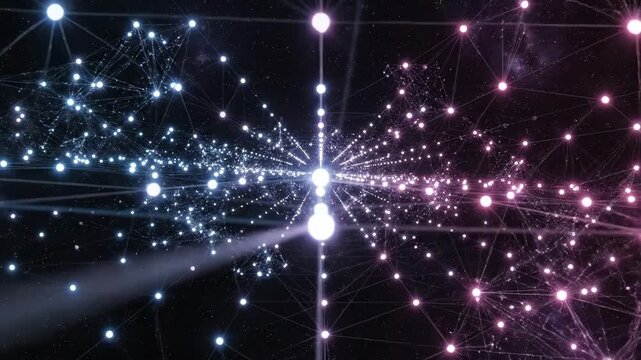 Abstract digital network of glowing nodes and lines in dark space with moving light.