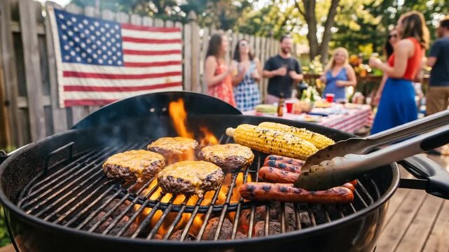 Backyard barbecue grill with burgers and corn during American flag outdoor party.