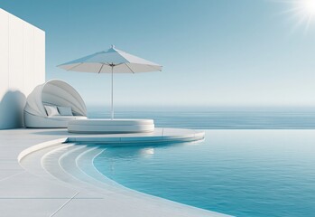 Obraz premium Luxury Modern White Outdoor Lounge Area with Infinity Pool and Ocean View