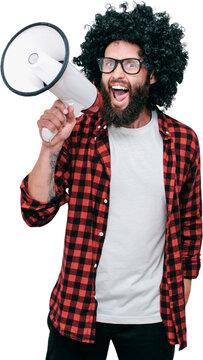 Funny excited man shouting with megaphone isolated on transparent background