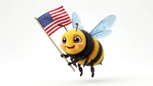 Cartoon bee holding USA flag on white background.