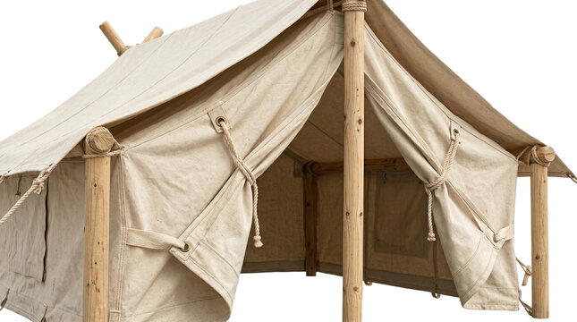 Large canvas safari tent with wooden poles and open entrance isolated on transparent background scenery item.