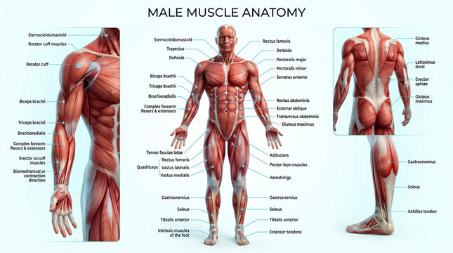Detailed male muscle anatomy chart showing muscular system structure with labels for educational medical reference on a clean white background