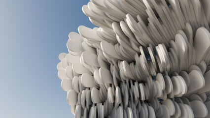 Fototapeta premium Abstract 3D render of a futuristic outdoor structure featuring thousands of white stacked organic scales or layered plates under a clear blue sky