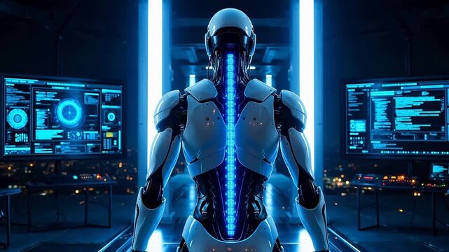 Futuristic robot in control room