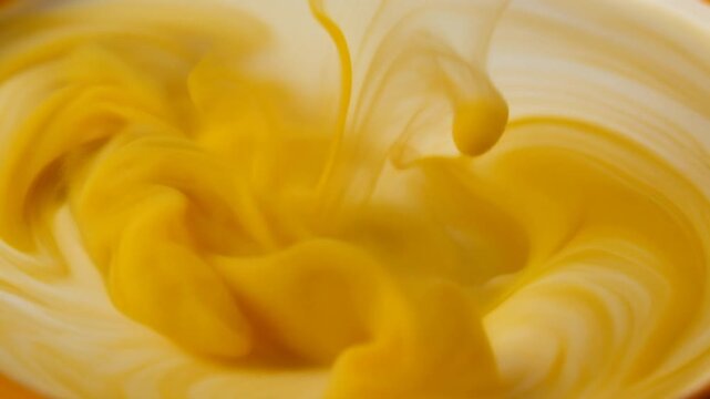 Turmeric Powder Dissolving into Milk, Golden Yellow Swirling Patterns, Macro Shot