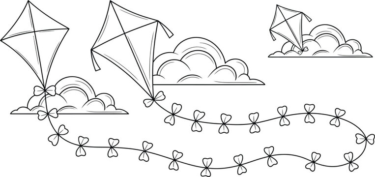 Kite flying, line icons, kite illustrations, clouds, string lights