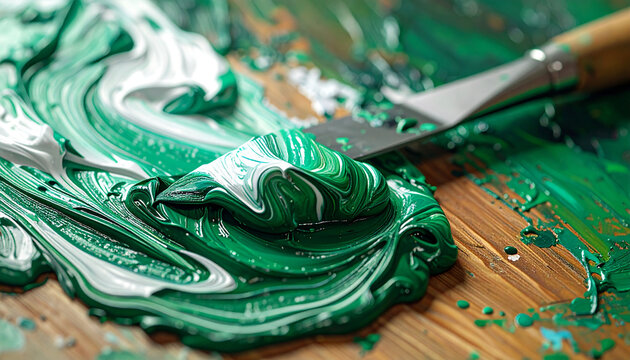 Green paint swirls and palette knife