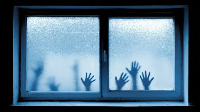 Ghostly silhouettes press their hands against a frosted glass window, bathed in cold blue moonlight. Eerie condensation patterns add to this chilling supernatural horror scene.