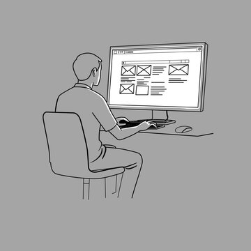 Man working on computer looking at internet, line art illustration.