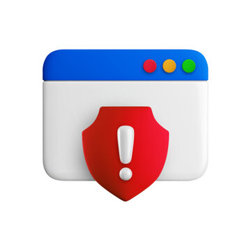 Vector cartoon minimal 3d browser protection concept. Realistic render of website page icon with red shield, exclamation mark for internet security sign, warning notification, cybersecurity icon.