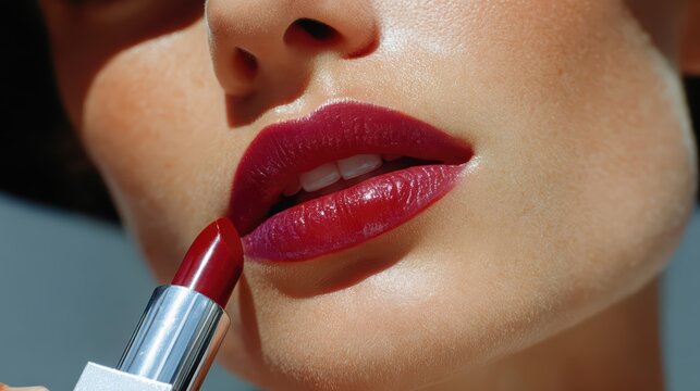 Ultra realistic beauty macro shows berry lipstick on glossy lips. Cinematic lighting highlights smooth, hydrated skin and the luxurious makeup texture.